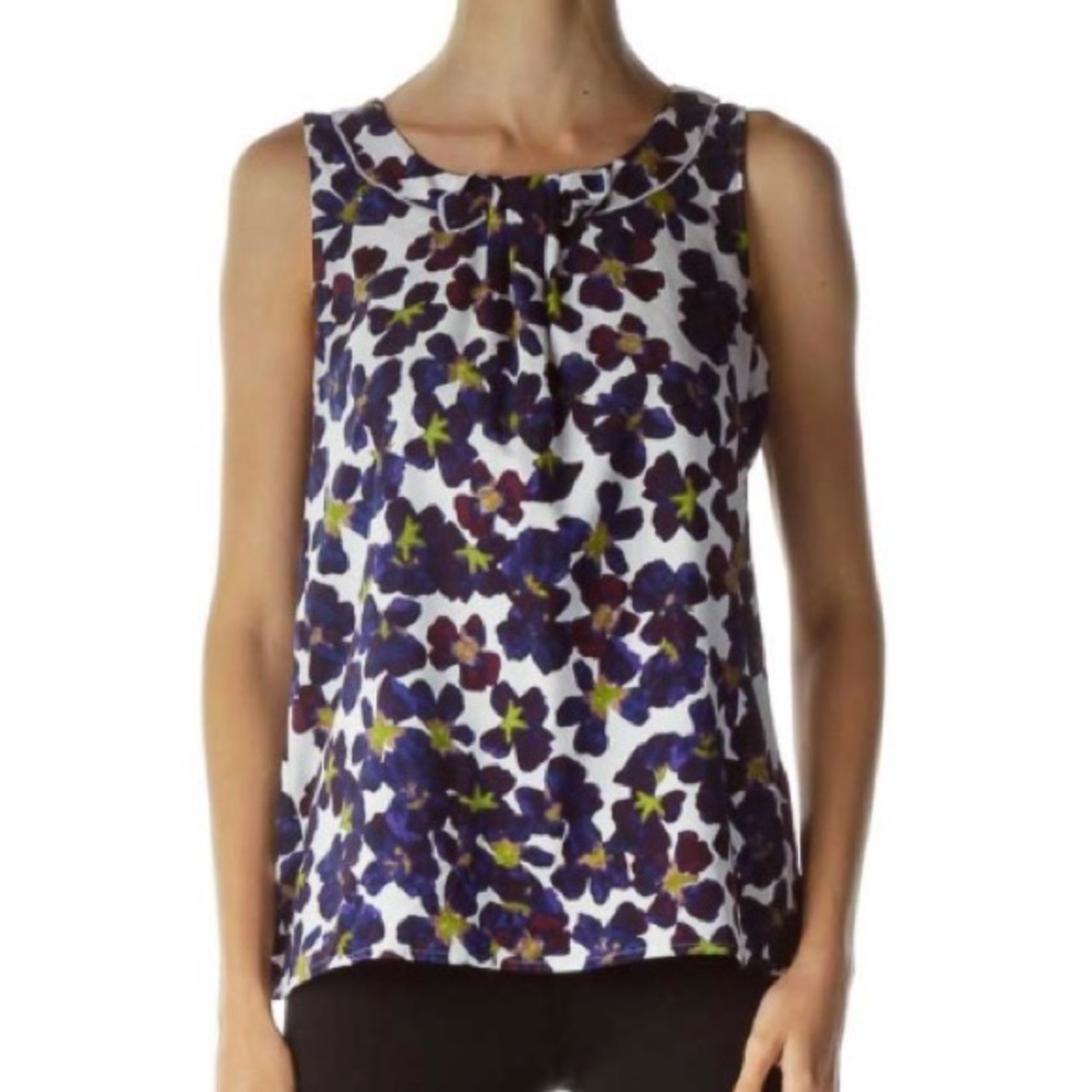 Ann Taylor Womens Tank Top Size XS Blue Floral Stretch Classic career V-neck